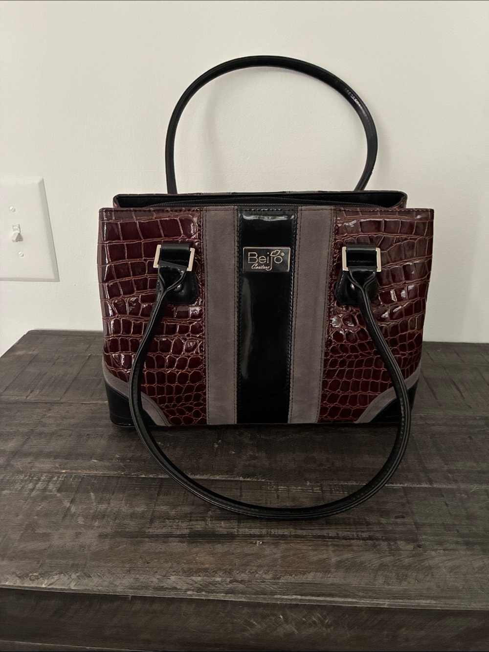 Beijo Burgundy Croc-Embossed Satchel with Black and Gray Panels